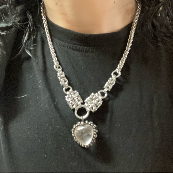 Handmade Genuine crystal quartz heart charm maille silver boho choker necklace - Picture 15 of 16